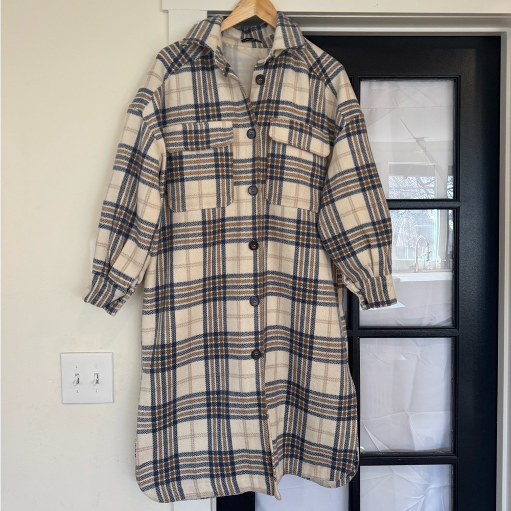 Plaid Longline Coat in Cream and Blue